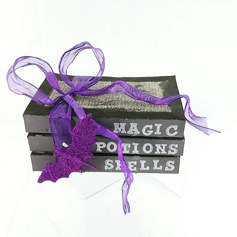 Halloween Decorative Tied Book Stack Magic Potions Spells Purple Bat and Ribbon